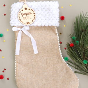 Botte chaussette de Noël avec boule en bois "Joyeux Noël"